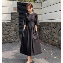 Momolatti 여성용 주머니 라운드 반팔 하이웨이스트 롱원피스