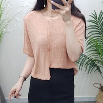 어반프랑 여성용 코즈 린넨 크롭 라운드 여름 니트 반팔 벌집 숏 가디건