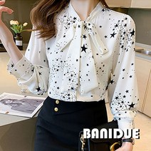 [바니드] 여성 브이넥 리본블라우스 쉬폰 별무늬 럭셔리 루즈핏 봄가을 오피스룩 0765
