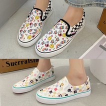 올팜 여성 큐트 캔버스 프린팅 체크보드 슬립온 3cm 2컬러