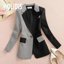 HOLIDIS 여성 패치 체크 패션 정장 봄 가을 카라 원버튼 코트 정장자켓