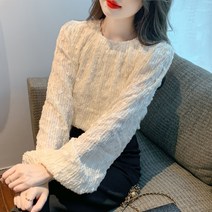 채윤러브 chaeyoon love 추동 여성 라운드넥 루즈핏 퍼프소매 슬리브 레이스 쉬폰 셔츠 블라우스