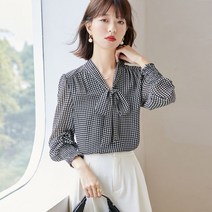 여성 봄 프렌치 엘레강스 블랙 체크 블라우스 드라마 셀럽 한혜진 고급 풀오버 리본 셔츠