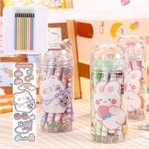 12개입 캐릭터 똑딱이 볼펜세트 원통 DIY스티커 리필심 증정 필기구모음, 핑크 24개랜덤펜