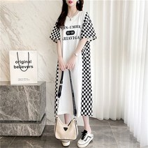 SJW 여름 체크 롱원피스 라운드 프린팅 루즈핏 옆트임 반팔원피스 여성 치마 빅사이즈