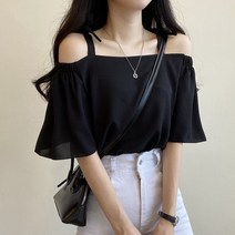 오프숄더 쉬폰 반팔 블라우스
