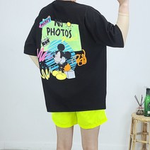 (디즈니정품) 남여공용 형광 미키마우스 프린팅 오버핏 반팔 티셔츠 4컬러
