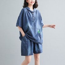 여성 여름 점프슈트 바디슈트 여름 오버핏 대형 데님 투피스 여성용 밑단 밴딩 후드 데님 탑 반바지 정장