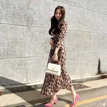 겨울 가을 프레이치 복고 니트 레오파드 인싸템 롱원피스 V넥 슬림 프랑스 개성화 원피스 롱여자