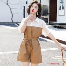 puildaug 셔츠 칼라 스티칭 결합 된 반바지 여성 여름 캐주얼 느슨한 허리 슬리밍 드레스 와이드 레그 점프 수트