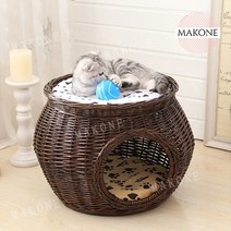 Makone 상표등록 강아지 고양이 숨숨집 라탄하우스, 원목색(쿠션)