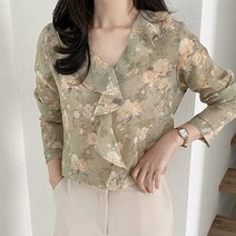 가을 여성 아이비 플라워 꽃무늬 나염 프릴 쉬폰 셔링 긴팔 블라우스 셔츠 베이지 카키
