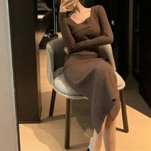 고급스러운 빈티지 니트 드레스 여성 긴 소매 스웨터 파티 봄 Office 레이디 슬림 원피스
