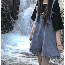 여성멜빵바지 복고풍 점프슈트 데님 여자 멜빵 반바지 팬츠 청바지 청색