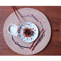 루메 50 자수 라탄 원형 러그 옥잠화 인테리어 빈티지 황마 수초 멍석 왕골 테이블매트