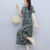 티티웍스 중년여성 우아한 둥근카라 허리끈 꽃무늬 원피스