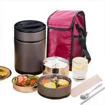 Dimsom 보온도시락 스테인리스 직장인 3단 식기+보온보냉가방, 메탈릭 그레이, 1.8L