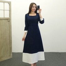 스퀘어넥 허리끈 배색 A라인 롱원피스 루즈핏 봄가을