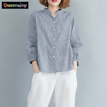 퀸앤조이 잔체크 랜턴소매 노카라 여름 셔츠***판매자 퀸앤조이***