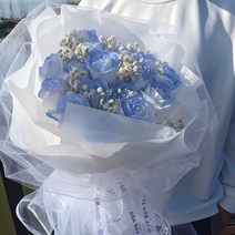 발렌타인데이 선물 와이프 여자친구 초대형 완제품 믹스 드라이 플라워 부케 영생 꽃 세트 장미 안개꽃, [큰 번지] 19 깨진 아이스 블루 로즈 Gypsoph, 창조적 인 꽃다발