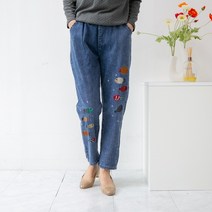 엄마옷마미소 캐쥬얼자수청바지 밴딩 캐릭터 데님팬츠 배기핏 중년여성 빅사이즈 아줌마청바지 고무줄 편안한 중청