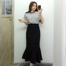 이힝 스트라이프 배색 프릴 반팔 롱원피스