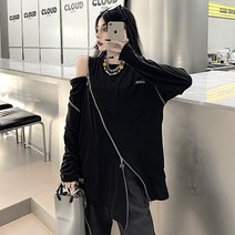 시밀드 사선 지퍼 장식 긴팔 티셔츠