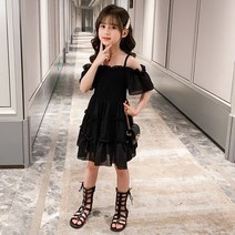 블랙 하객 미니 봄 빅사이즈 여자 아기 오프 숄더 솔리드 컬러 드레스 여름 유아 공주 아이 파티 의류