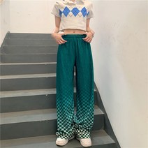셔링 원단 와이드 팬츠 여 그라데이션 체크 팬츠 와이드 일자 물결 엠보 슬랙스 팬츠