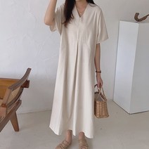 무드무드 솔리드 브이넥 린넨 원피스