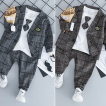 더 킹 체크 정장 풀 세트 80~110호 브라운 그레이 남아 베베 자켓+바지+보타이티