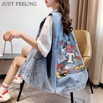 JUST FEEL!NG 청베스트 여성 패션 봄 여름 루즈핏 캐릭터 프린트 데님조끼 아웃도어 청조끼