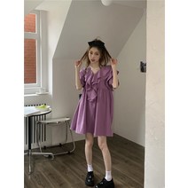 DFMEI 꼬마 선녀 프릴 작은 브이넥 반팔 인형 루즈 원피스