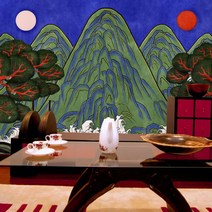 일월오봉도 벽지 동양화 해와달 200422, 실크벽지/ 가로100cm*세로230cm