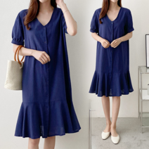 NewCare 여성 린넨원피스 브이넥 미디원피스 훌 프릴원피스 썸머룩
