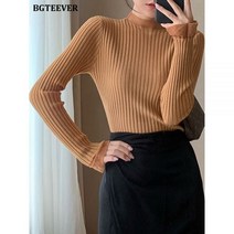 BGTEEVER 가을/겨울 메쉬 패치 워크 여성 니트 스웨터 탑스 우아한 플레어 슬리브 하프 하이 칼라 슬림 풀오버 여성용