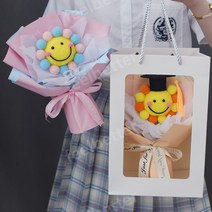 스마일 인형꽃다발 다이소 미니꽃다발 학예회 조화꽃 졸업식꽃다발, 03.하늘색+흰색 스마일 수제봉제인형