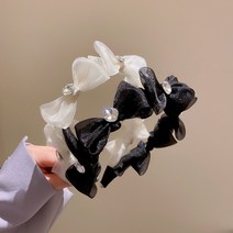 리본 큐빅 왕리본 쉬폰 블랙 화이트 머리띠 헤어밴드 포인트 진주 공주 행사 여신 브라이덜샤워 스냅 사진