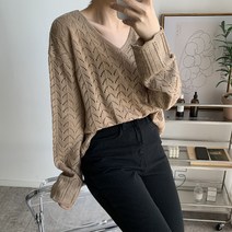 뜨개진 여성용 루즈핏 펀칭 스카시 스칼럽 윈썸 브이넥 니트