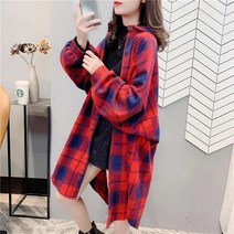런메시Runmecy 봄 가을 여성 루즈핏 오버핏 체크셔츠 롱 남방