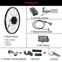 전기 자전거 키트 36V 500W ebike 전기 자전거 키트 20 26 27.5 28 인치 700C 전면 후면 전기 휠 허브 모터, 26 인치 전면 LED, 중국