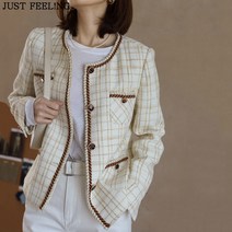 JUST FEEL!NG 봄 가을 여성복 고급스러운 코트 여성 패션 데일리 슬림핏 숏 상의 자켓 라운드넥 트위드자켓 재킷
