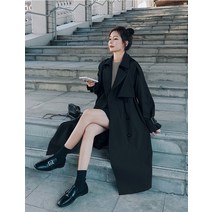 트렌치코트 봄가을 하프 자켓레트로스-빈티지 튜닉 캐주얼 롱 코트 여성용 느슨한 더블 브레스트 블랙 카