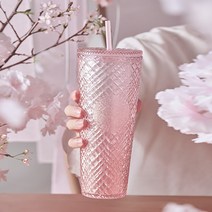 스타벅스 중국 2022 공식몰 벚꽃MD 핑크 글리터 다이아몬드 지압텀 PP소재 대용량 빨대컵 콜드컵 710ml, 핑크색