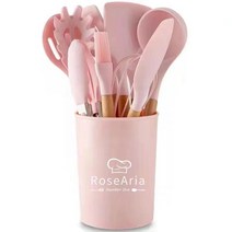 Rosearia 실리콘 나무 손잡이 조리도구 12종 세트, 핑크