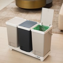 가정용분리수거함 원터치 이동식 재활용 분리수거대 손잡이 휴지통 쓰레기통 대용량 3P 세트, 베이지/네이비/베이지