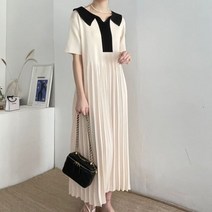 투톤 배색 헨리넥 카라 반팔 플리츠 여름 니트 원피스