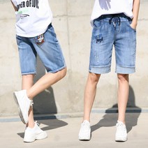 동대문스타일 여성 5부 밴딩 청반바지 밑단 배색 루즈핏 빈티지 5부 여성 데님