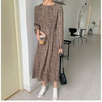 맨드리 라운드넥 레오파드 호피 쉬폰 롱원피스