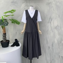 [행복여] 펀칭 띠 배색 겹 브이 바스락 뷔스티에 원피스